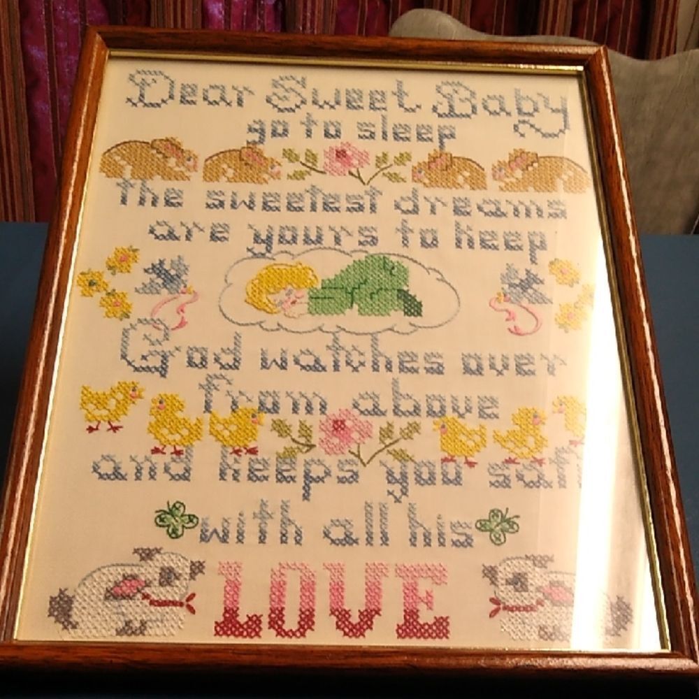 Framed Baby Cross Stitch Art 11 1/2 X 14 1/2 inches Framed w/ Glass Cottagecore